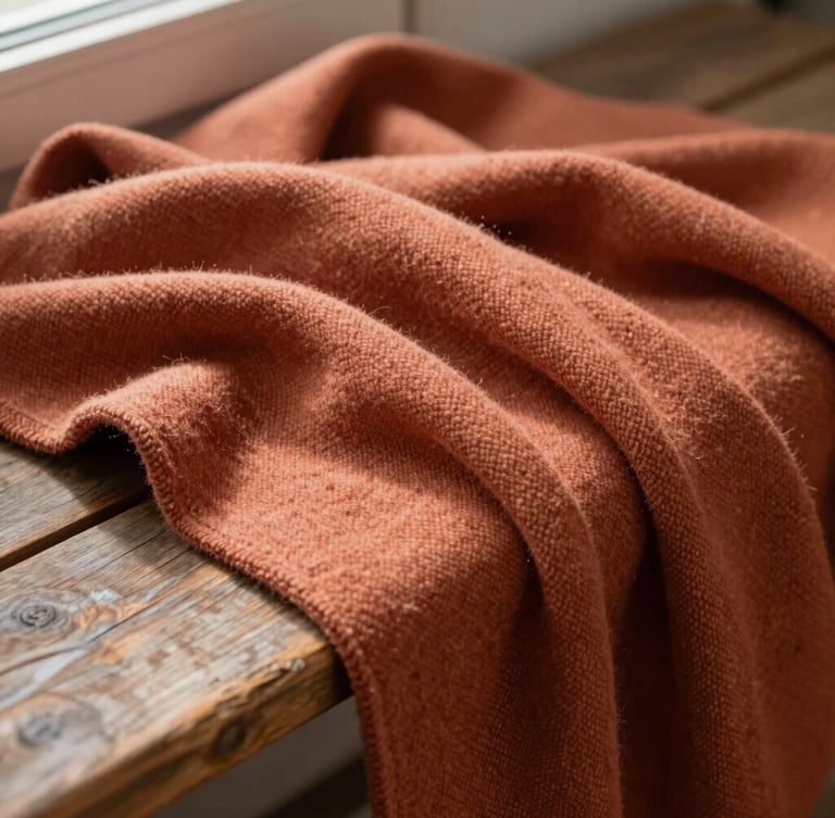 A rumpled terracotta wool blanket draped naturally over a worn wooden bench, soft morning light casting gentle shadows, close-up weave detail