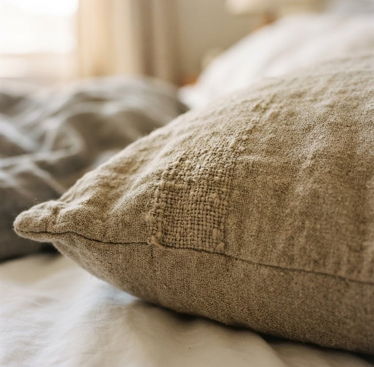 Macro shot of thick oatmeal linen pillow cover on a relaxed unmade bed, soft morning window light, shallow depth of field