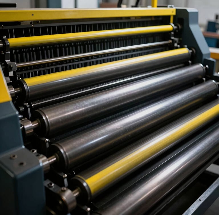 Industrial printing press floor with heavy offset machinery, metallic ink rollers in motion, dramatic high-contrast workshop lighting, 35mm photography