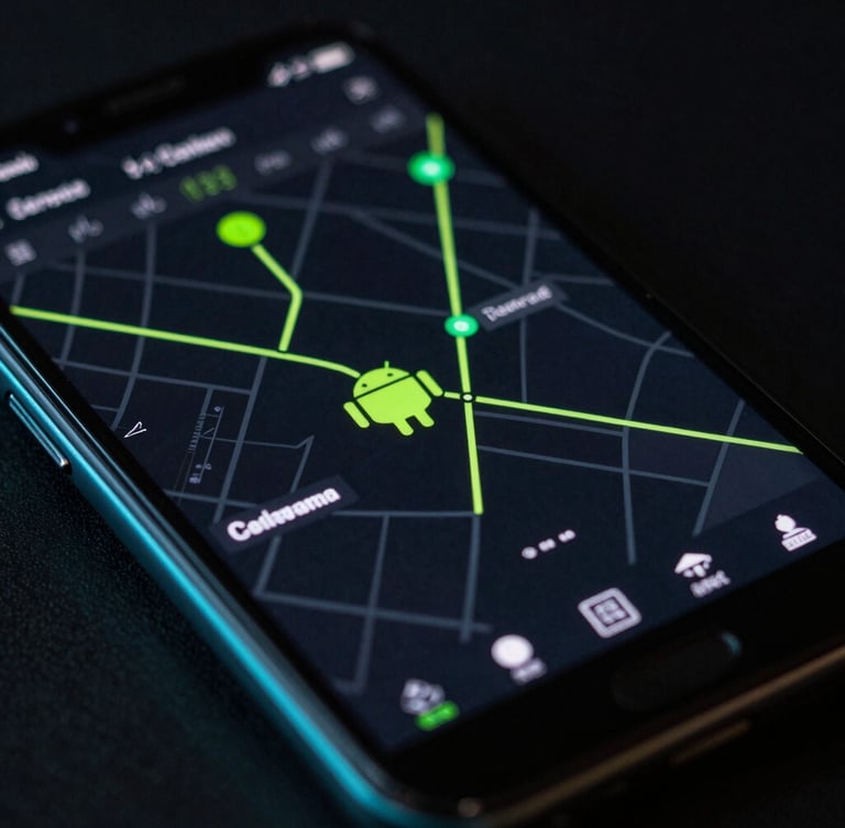 Close-up macro shot of an Android device screen showing a visual storage map, neon green accents, low-key moody studio lighting with cyan edge-glow, dark-mode display, 35mm lens.