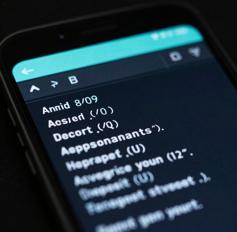 Close-up macro shot of an Android device screen showing a terminal interface with clean command lines, low-key moody studio lighting with cyan edge-glow, dark-mode display, 35mm lens.