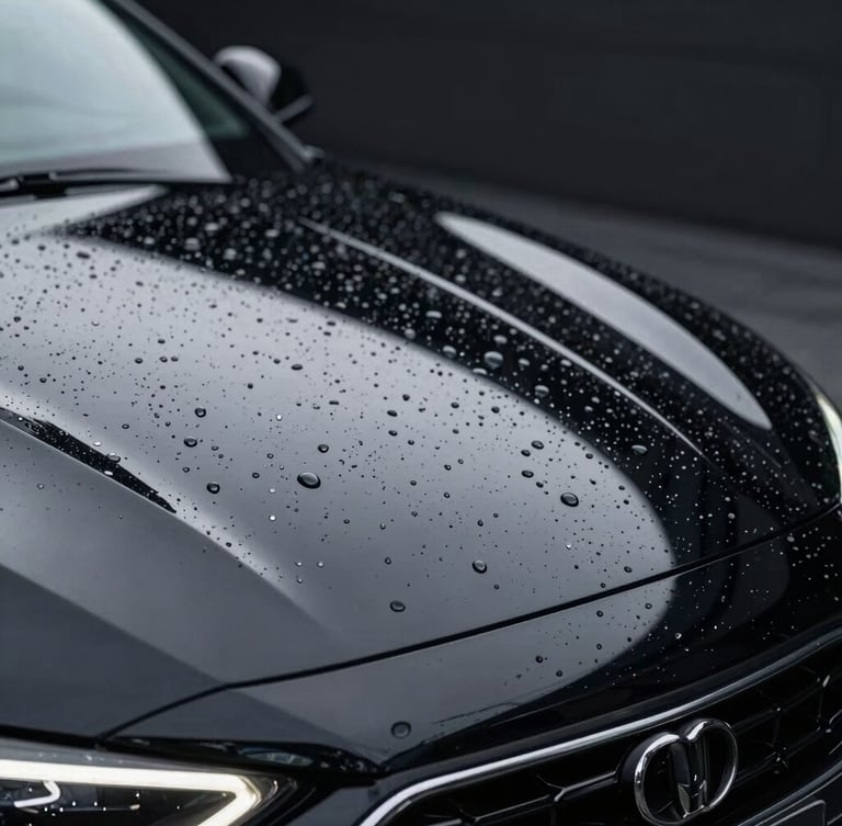 Macro shot of water beading dramatically on a flawless, high-gloss obsidian black car hood, sharp linear reflections, cool-toned studio lighting, 85mm