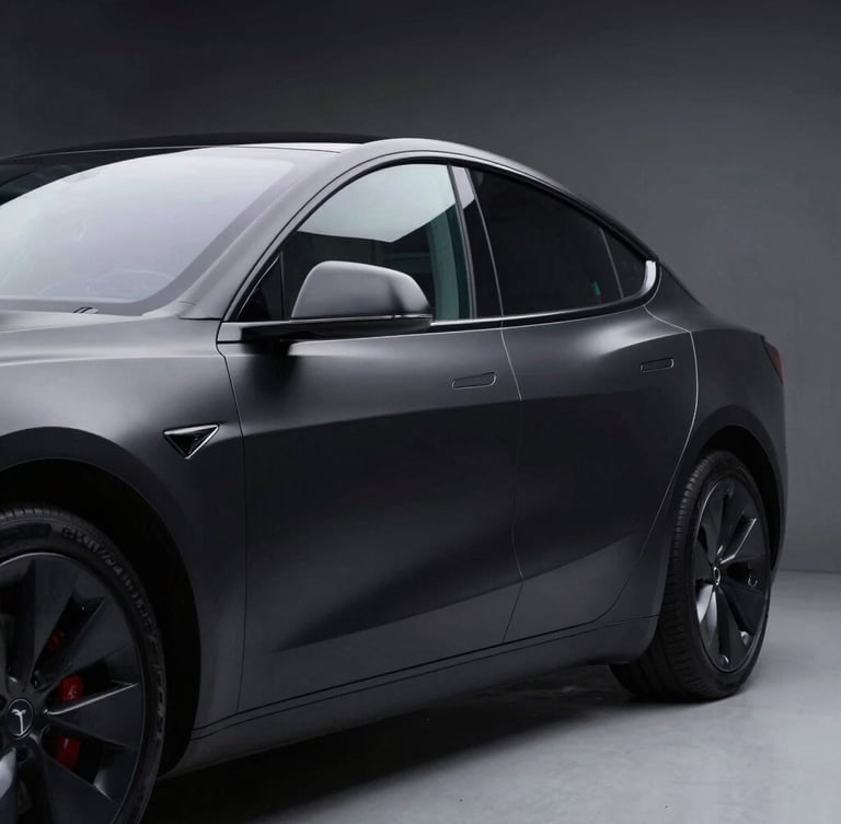 Low-angle heroic shot of a matte black Tesla Model S parked in a high-contrast studio, sharp laser-like cool-toned rim lights reflecting off the side window glass, ultra-sharp focus, 85mm