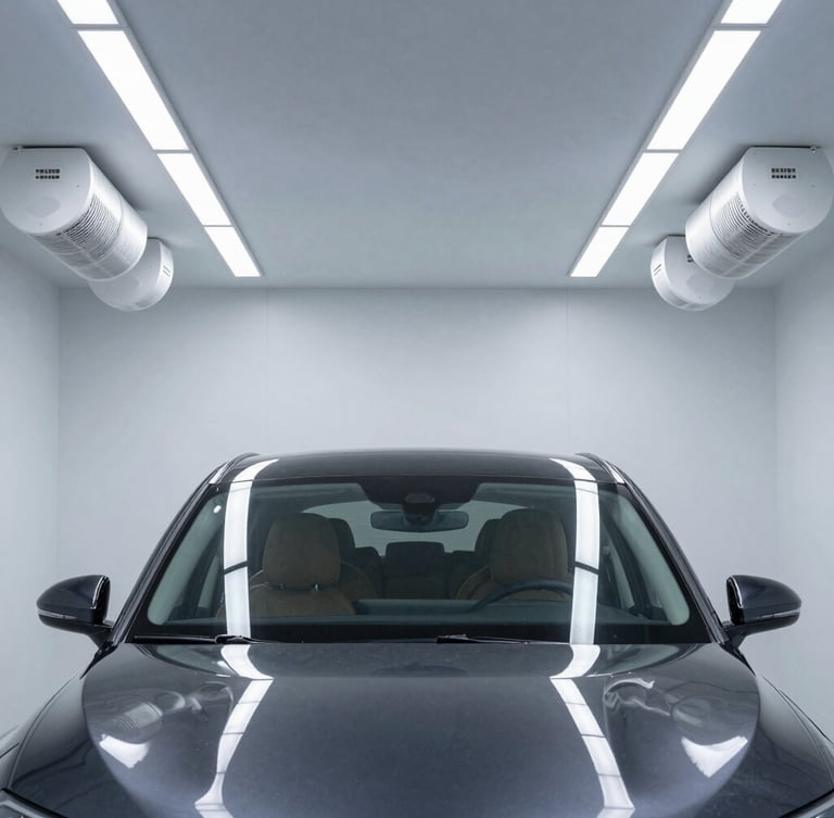 Symmetrical wide shot of a clinical, ultra-clean automotive workshop with positive-pressure filtration vents, bright overhead linear LED lights reflecting off a pristine dark vehicle, 85mm