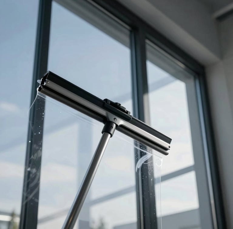 Extreme close-up of a squeegee applying clear protective film to a massive floor-to-ceiling window, sharp geometric shadows, clinical workshop precision.