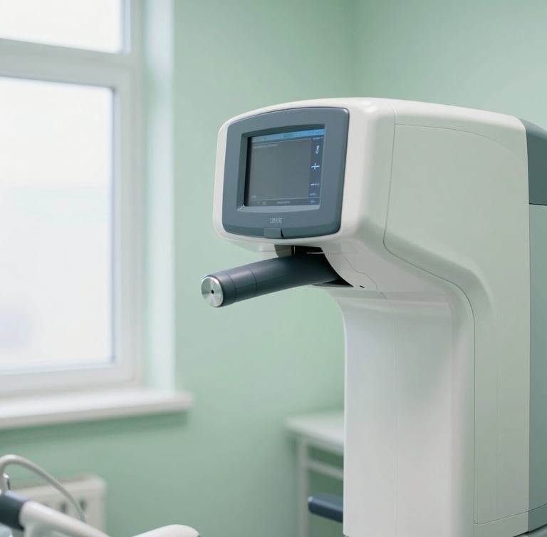 A close-up of a modern digital OPG panoramic dental X-ray machine in a bright, clean clinical room with soft seafoam green walls and natural window lighting.