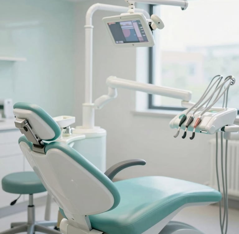 A bright, soft-lit modern dental operatory with a state-of-the-art dental chair, calming seafoam accents, natural window light, shallow depth of field