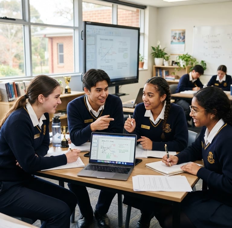 Medium shot of active student collaboration in a bright smart classroom, natural daylight streaming through windows, navy uniforms