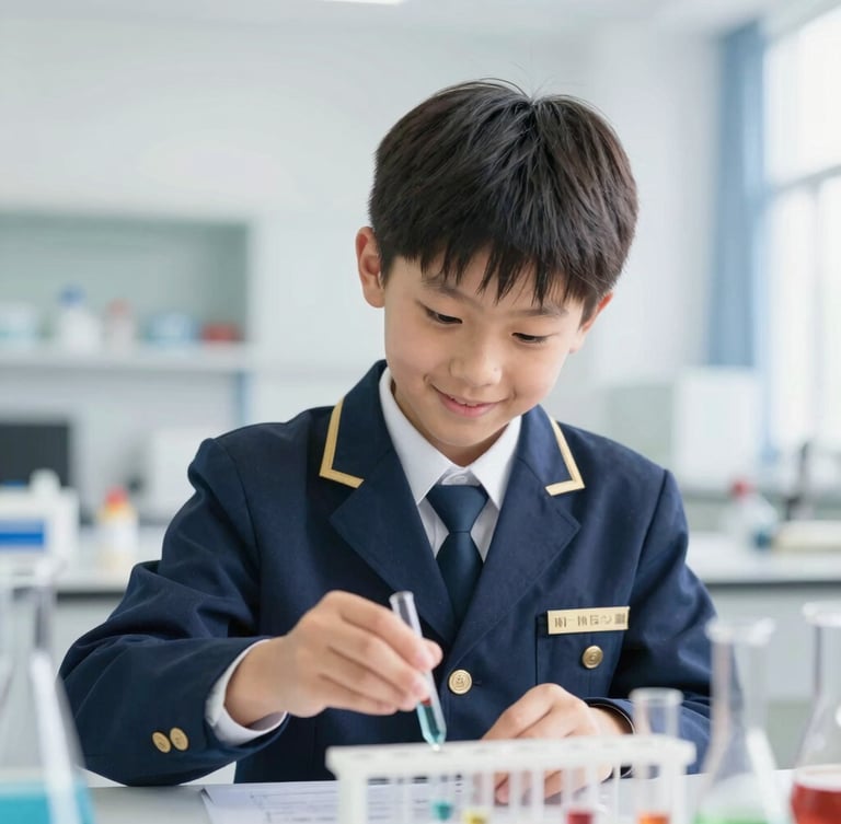 A portrait shot of a young student in a clean navy uniform smiling while working on a science experiment in a bright, modern laboratory, natural light, shallow depth of field.