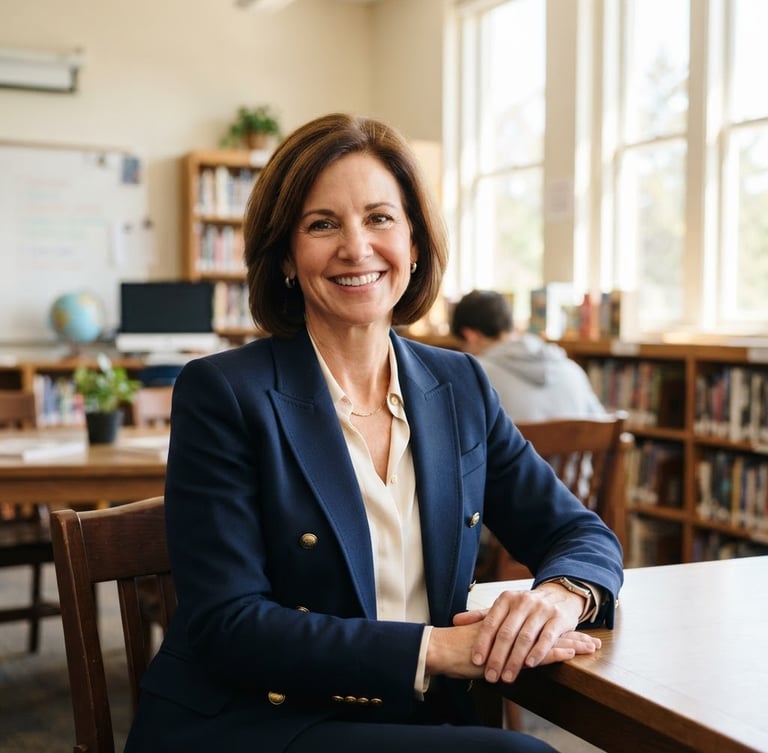 Medium portrait of a school principal in a tailored navy blue blazer with subtle gold accents, smiling warmly, sitting in a bright school library with soft natural daylight streaming through large windows, books and smart classroom elements softly blurred in the background, clean composition, shallow depth of field.