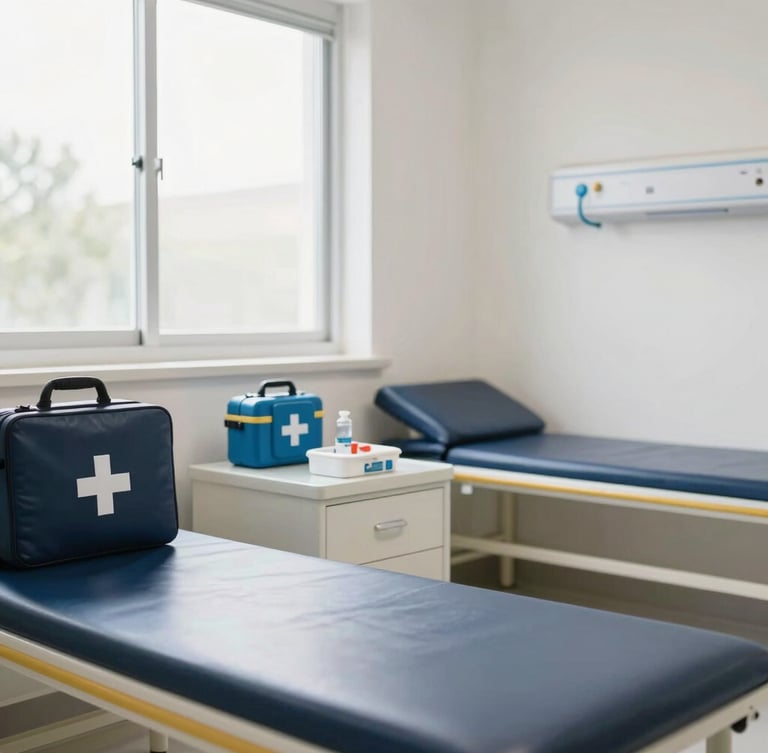 Interior of a bright, clean school medical room with first-aid equipment, natural window light, reassuring and professional atmosphere.
