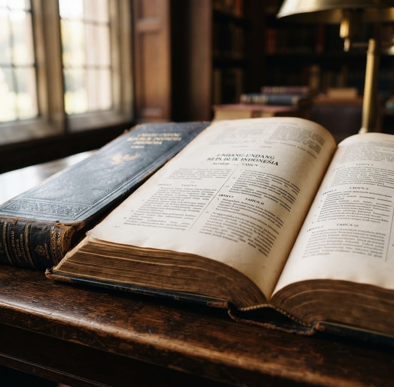 Macro shot of a leather-bound Indonesian legal volume open on a dark wooden table, warm library window light, shallow depth of field, 35mm