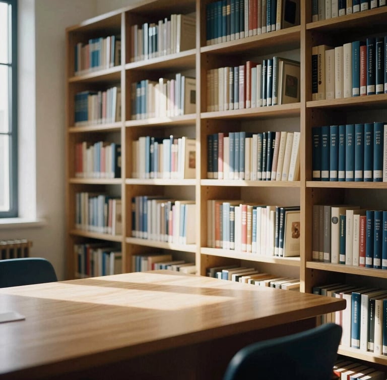 A quiet modern law library interior with shelves of books, soft warm window light casting long shadows on a wooden study desk, 35mm