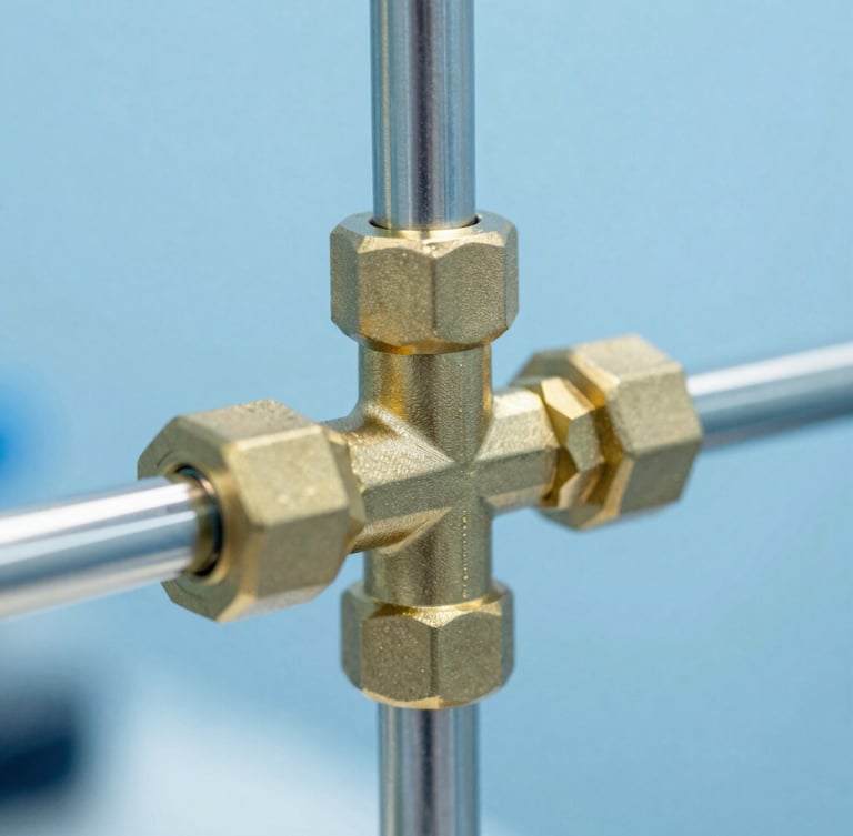 Macro close-up of a high-precision brass gas regulator connected to a stainless steel medical pipeline, sterile clinical environment, cool blue and silver reflections, sharp focus, 35mm