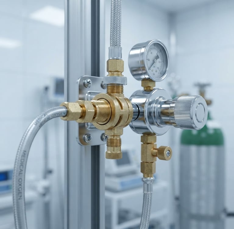 Macro close-up of a chrome-plated medical gas regulator in a sterile hospital environment, bright cool clinical lighting, sharp focus on brass fittings.