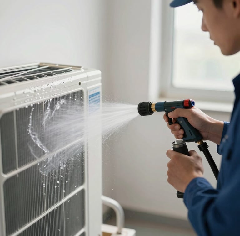 Close-up of a professional technician in a clean uniform washing an indoor AC evaporator unit with a high-pressure water spray, water droplets visible, bright natural indoor lighting.