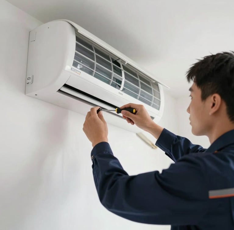 Close-up of a professional technician in a clean navy uniform adjusting a modern split AC unit on a bright white wall, natural daylight, focus on the clean installation and hands holding a screwdriver.