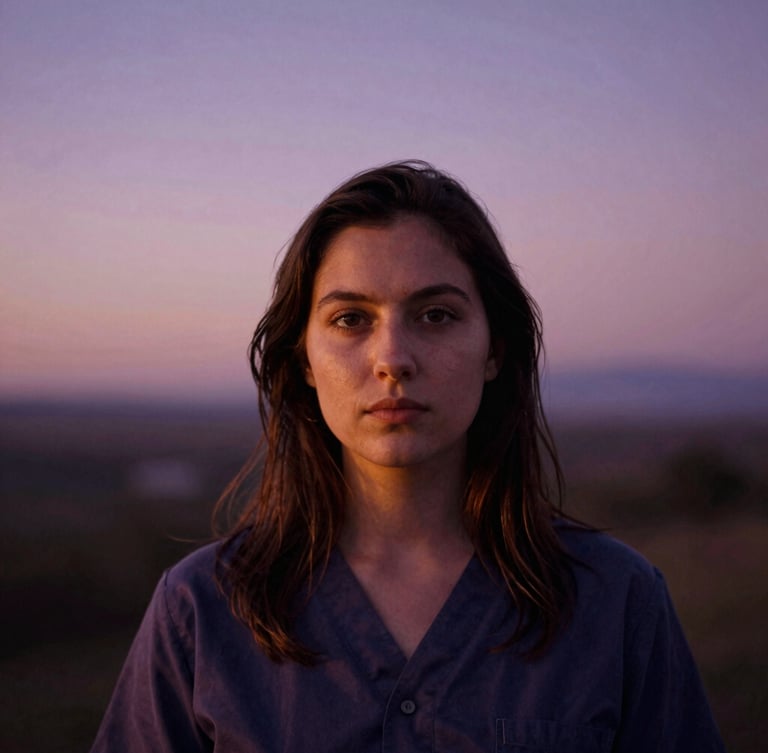 Atmospheric film portrait of a serene therapist in twilight golden hour, soft focus, deep violet and amber tones, 35mm lens