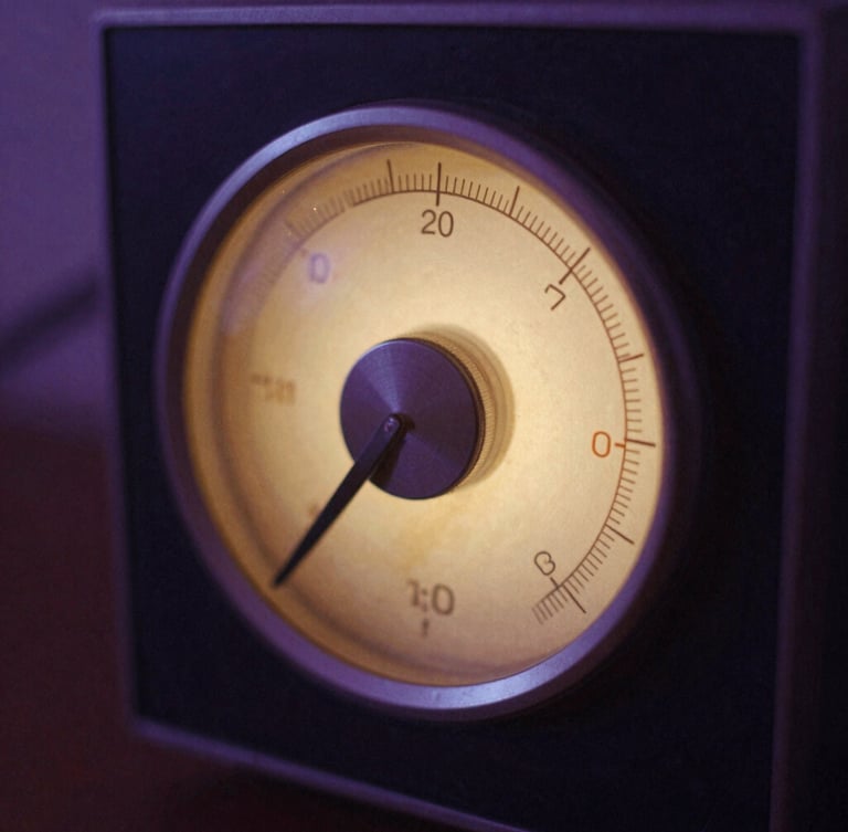 Macro detail of a vintage analog radio dial glowing with soft amber light in a dark violet room, atmospheric film photography.