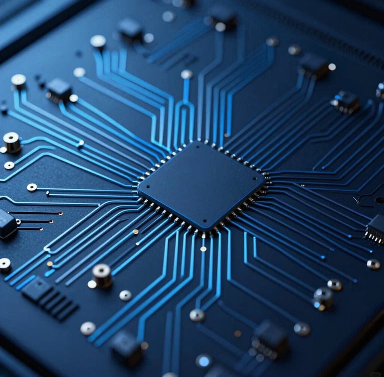 Vue macro d'un circuit imprimé de serveur avec des reflets bleus, dans un style de photographie tech d'entreprise élégant, éclairage de studio bleu froid, détails nets à contraste élevé, composition minimaliste, objectif 50mm.
