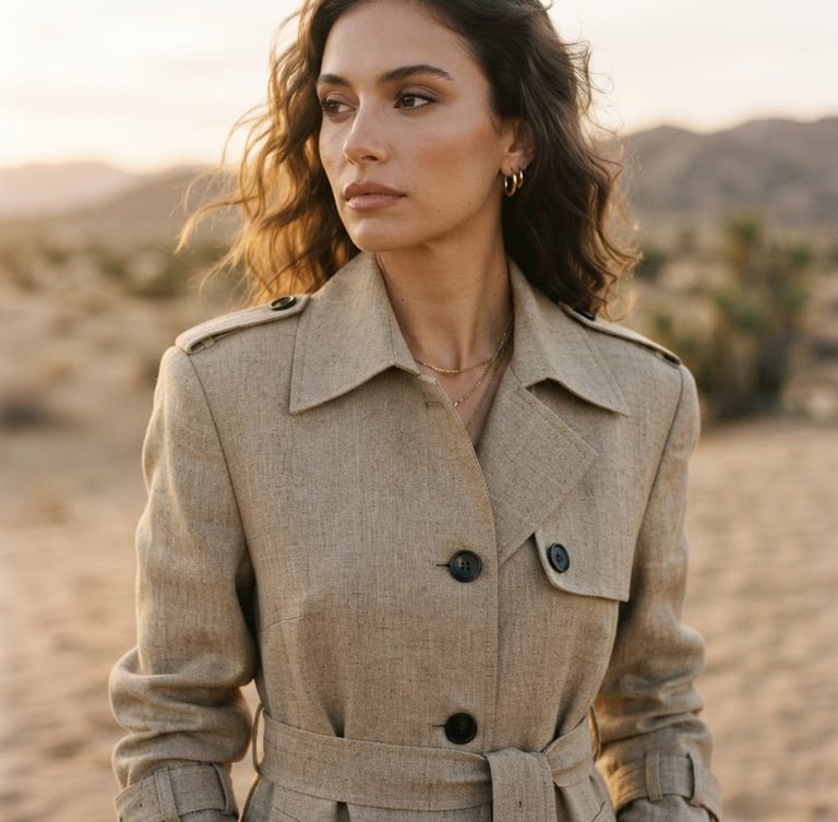 A close-up editorial crop of a model wearing a structured linen trench coat, warm golden-hour side light, rich desaturated tones, soft desert background, 35mm photography