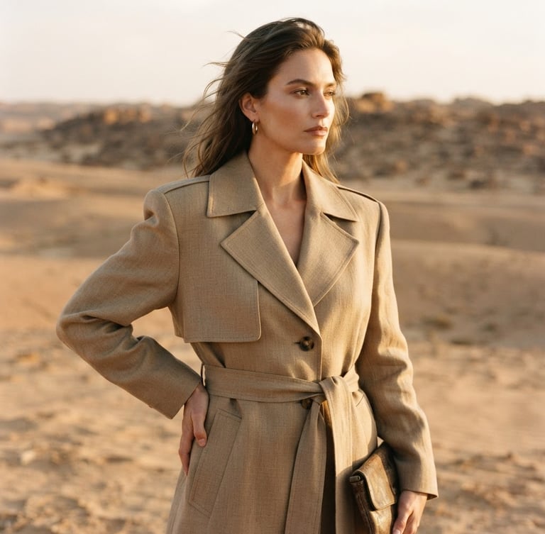 A medium-close editorial crop of a model wearing a structured linen trench coat in a warm desert setting, soft golden-hour side light, rich desaturated tones, 35mm photography.