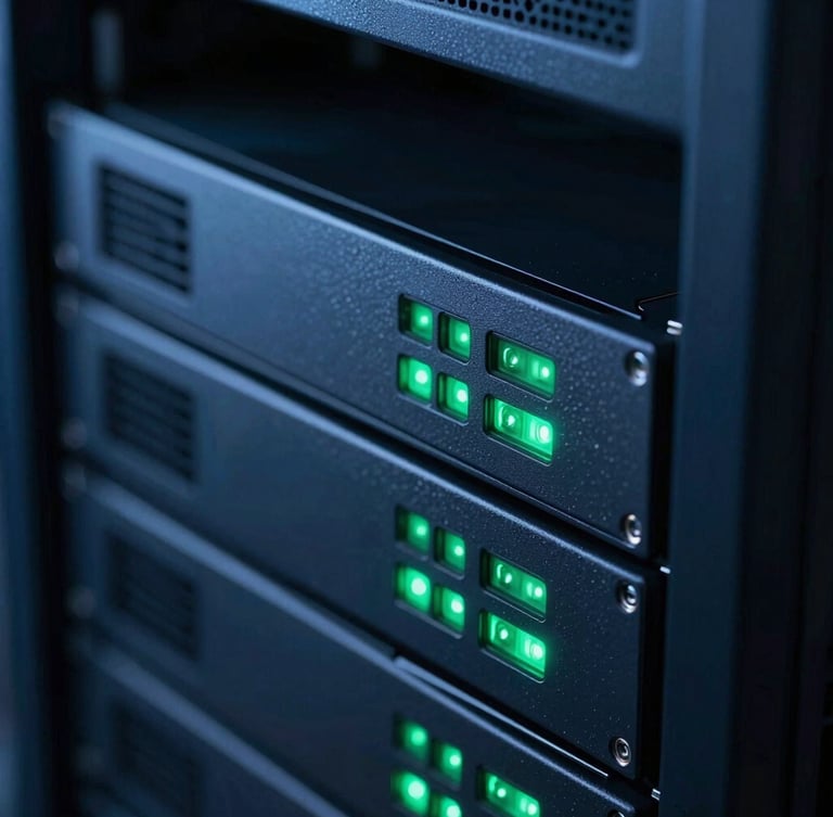 Macro shot of high-end server hardware, glowing green status indicators reflecting on dark slate metallic panels, clean corporate engineering, shallow depth of field, 35mm