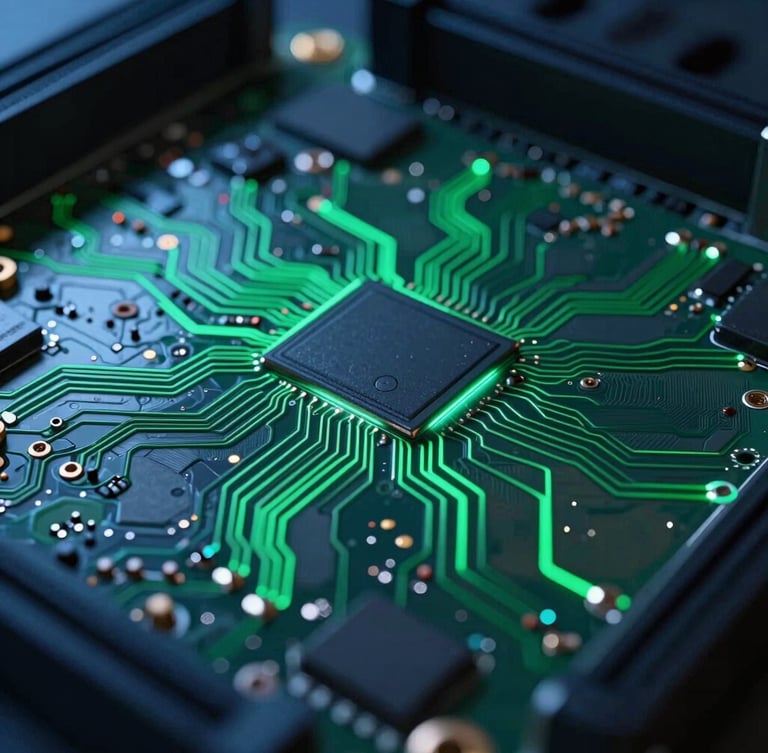 Extreme close-up of server motherboard circuits, sharp emerald green laser-like trace highlights, dark metallic slate plates, cinematic dramatic lighting, 35mm