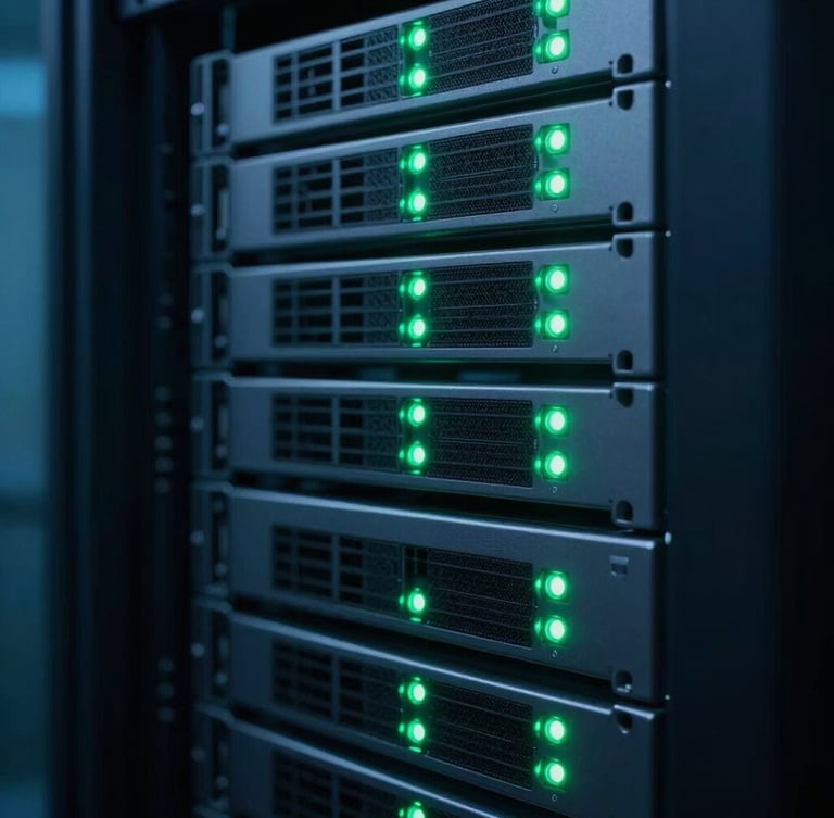 Macro shot of an enterprise server rack with sharp emerald green status lights, low-key cinematic lighting, cool blue and deep slate tones, 35mm