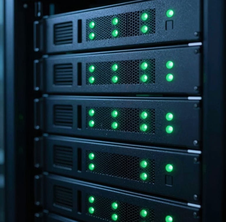 Macro shot of server racks with clean green status lights, low-key cinematic lighting, cool blue and deep slate tones, 35mm