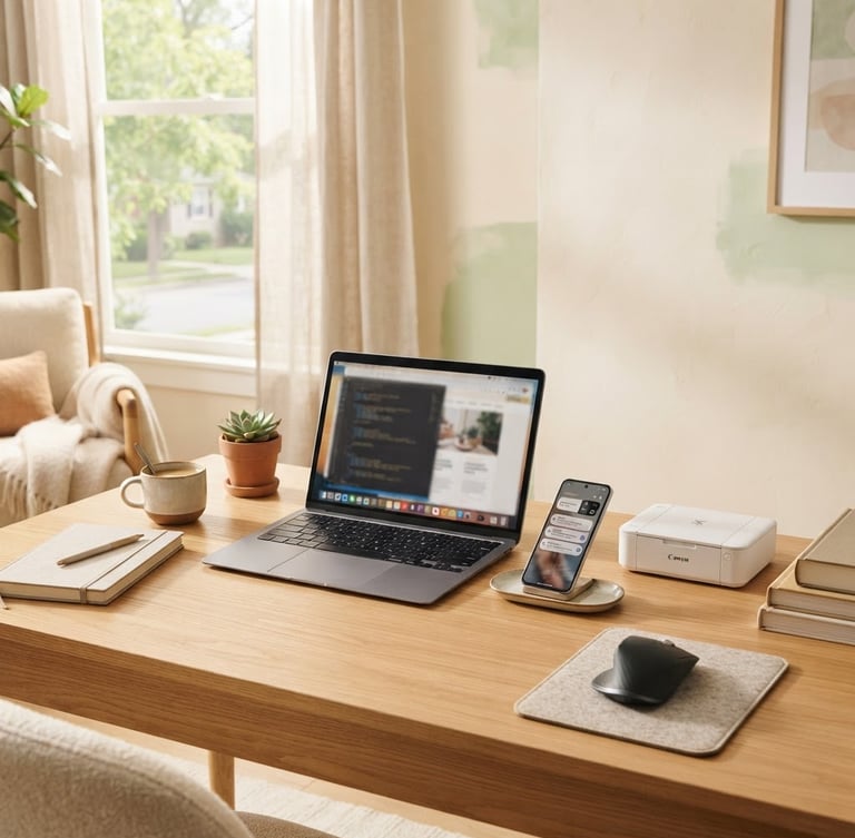 Clean, bright workspace with a modern laptop, smartphone, and a small printer on a light wooden desk, natural morning light from a large window, soft shadows, warm cream and soft green tones.