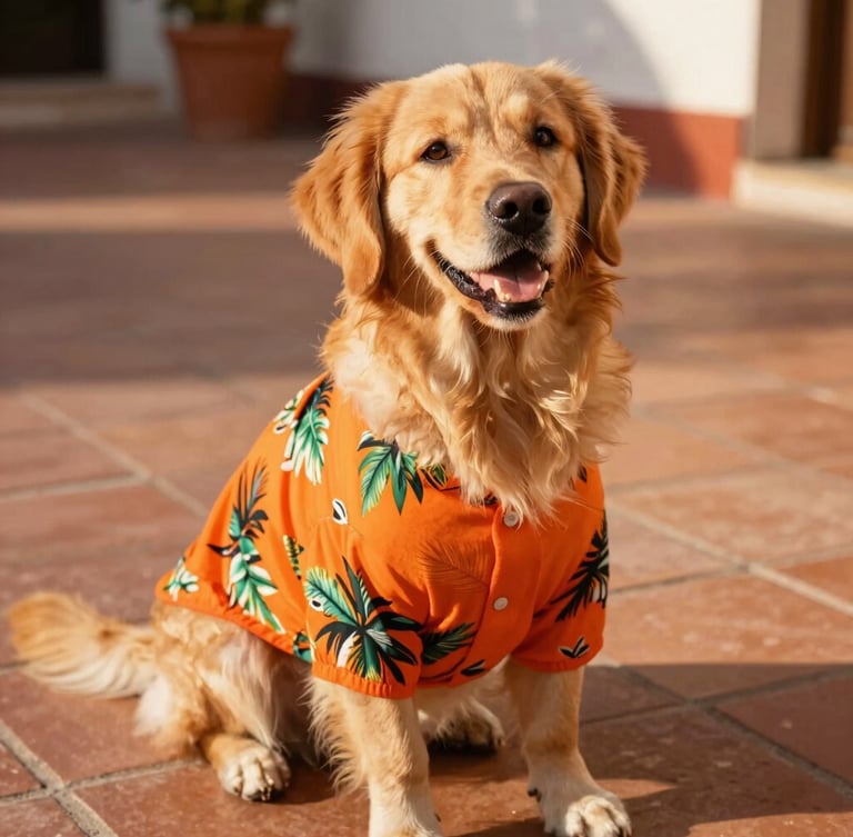 A happy small golden retriever wearing a vibrant tropical orange pet shirt, sitting on a sunlit Mexican terracotta patio, warm natural golden-hour sunlight, close-up shot showing fabric texture