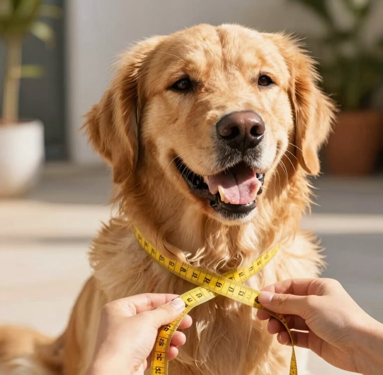 Close-up portrait of a happy golden retriever being measured with a soft yellow tailor tape around its chest by gentle hands, bright sunlit outdoor patio background, warm tones, 35mm lens
