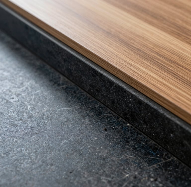 Macro photograph of high-end architectural materials transitioning from polished dark stone to warm wood, crisp daylight, luxury interior detail