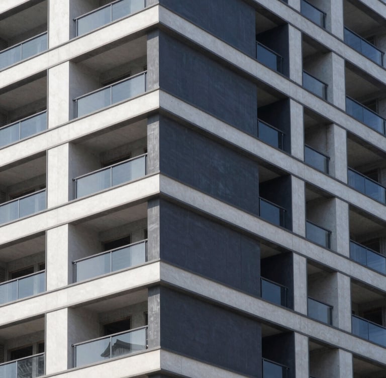 Architectural detail shot of a clean, modern building construction site, premium materials, crisp daylight, sharp focus