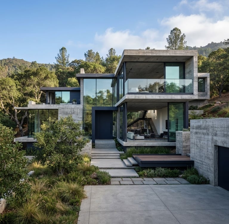 Premium architectural photography of a modern concrete and glass residence, crisp natural daylight, sharp focus, 35mm lens