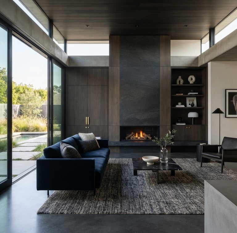 Premium architectural photography of a completed high-end minimalist residence, crisp natural daylight, sharp focus, 35mm lens