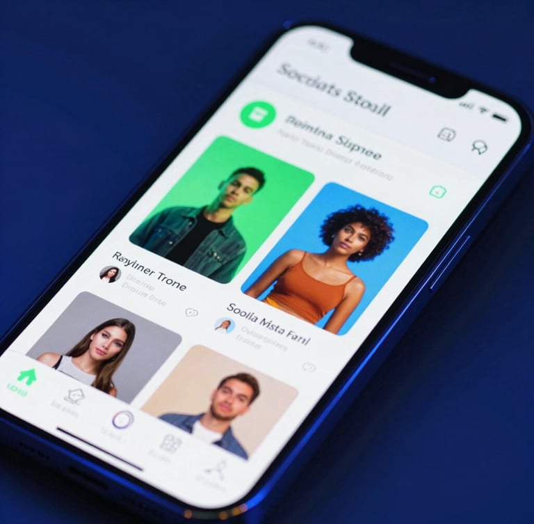 A close-up of a high-end smartphone displaying a vibrant, responsive social feed and modern website interface, neon green and electric blue backlights, sharp focus, 35mm lens