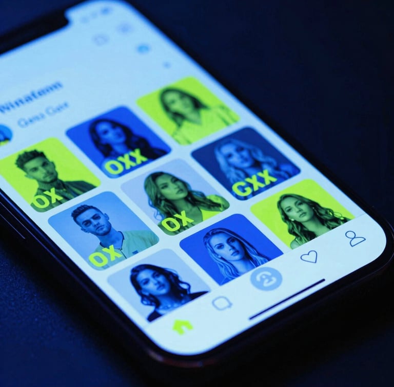 Dynamic macro shot of a smartphone screen displaying a vibrant social media feed with high-contrast electric blue and neon green graphics, cool studio lighting, dark background, 35mm lens