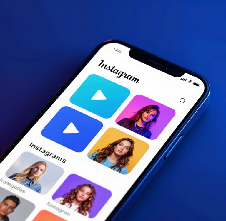 Close-up of a modern mobile screen showing an engaging Instagram feed with vibrant visuals, cool blue studio lighting, high contrast