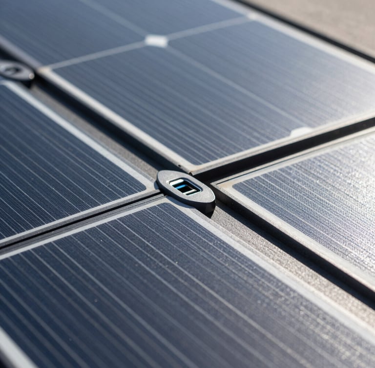 Close-up of flexible solar panel texture integrated into dark gray performance fabric, bright direct sunlight casting sharp technical shadows, showing USB-C port detail
