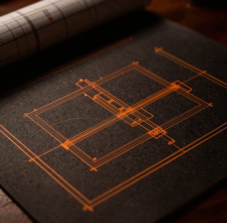 High-contrast macro shot of a physical architectural blueprint with sharp orange lines on a dark table, low-key dramatic lighting
