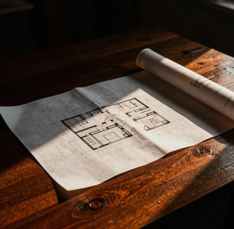 Low-key dramatic side-lighting on a printed architectural blueprint spread across a dark wooden table, warm rust-orange accents, deep shadows, 35mm film grain