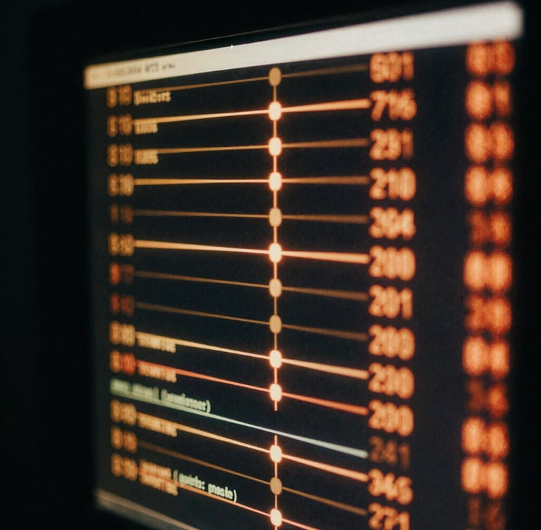 Macro close-up of a glowing terminal screen displaying server latency metrics and network routes, low-key dramatic side-lighting with deep shadows and amber highlights, 35mm film grain