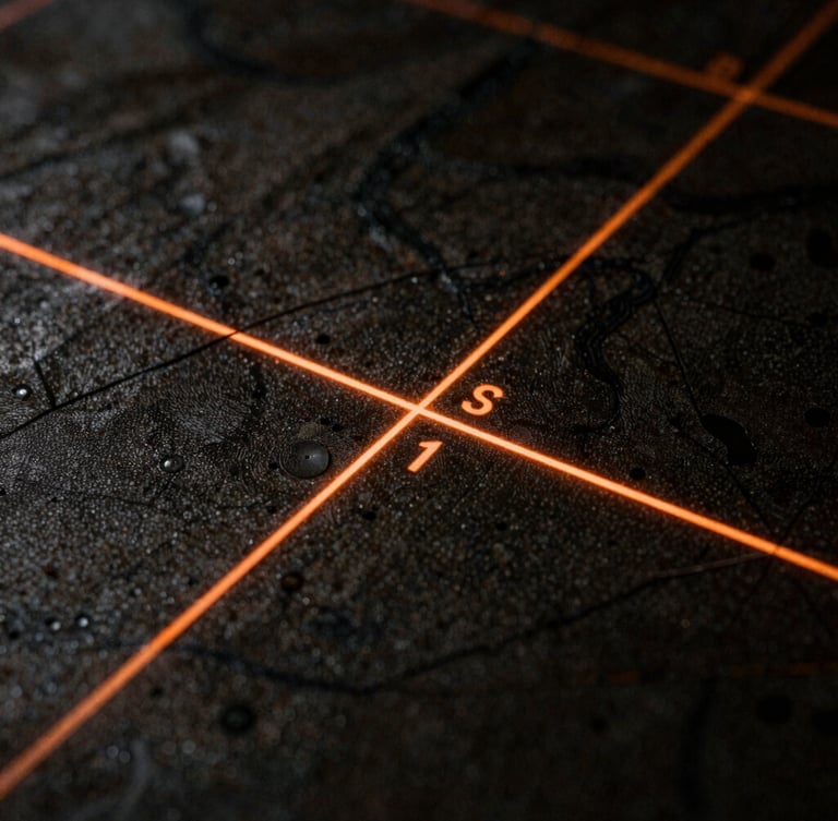 Macro shot of a dark tactical map with glowing orange coordinates under low-key side-lighting, 35mm film grain