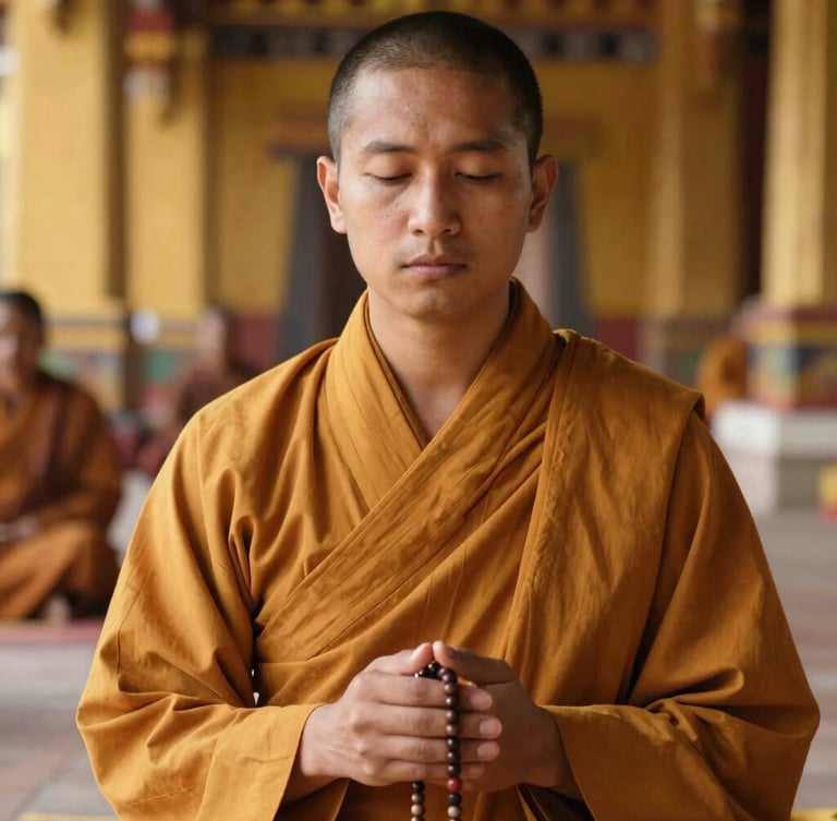 A close-up portrait of a serene meditator in a warm, sun-drenched temple room, hands gently holding prayer beads, soft saffron robes, peaceful expression, shallow depth of field, 35mm.