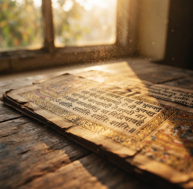 Close-up of sacred Sanskrit texts illuminated by warm window light, golden-hour dust motes, shallow depth of field, 35mm.