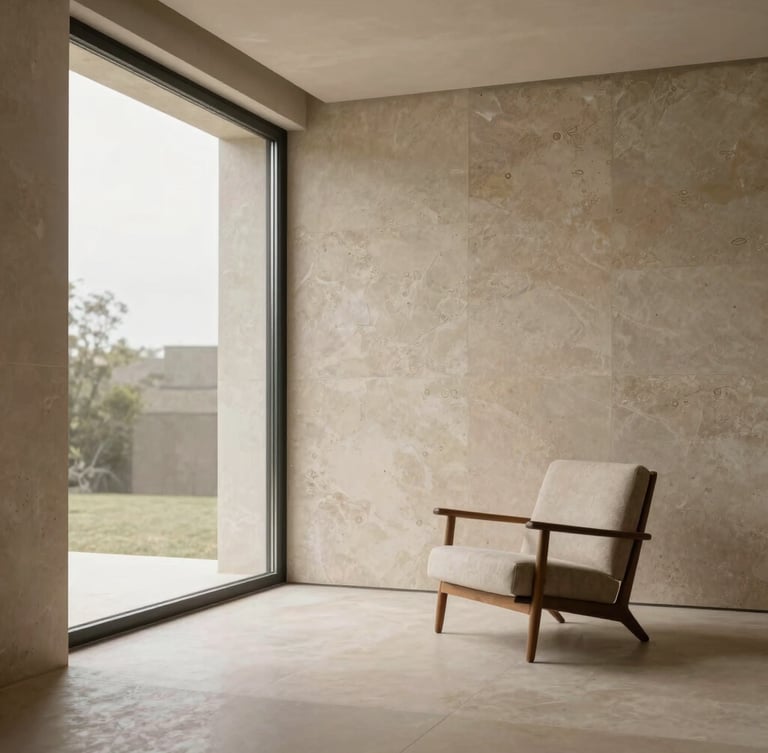 Minimalist villa interior, travertine stone wall, large floor-to-ceiling window with soft daylight, elegant mid-century modern armchair, muted warm earth tones.