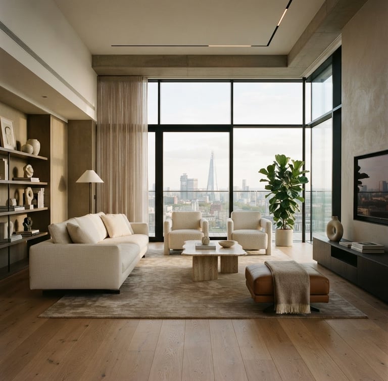 Elegant modern living room of a penthouse, minimalist luxury furniture, high ceilings, large floor-to-ceiling windows with soft daylight streaming in, warm oak floors, minimalist architectural lines, 35mm photography