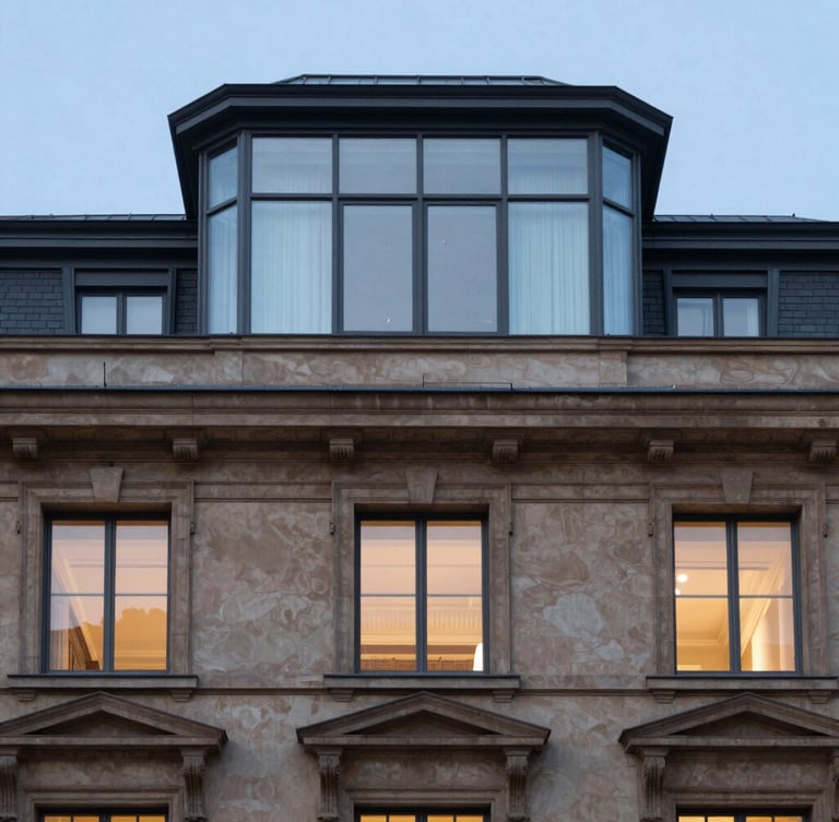 Architectural detail of a historical building facade with modern glass penthouse extension on top, contrasting heritage stucco and clean steel lines, blue hour lighting